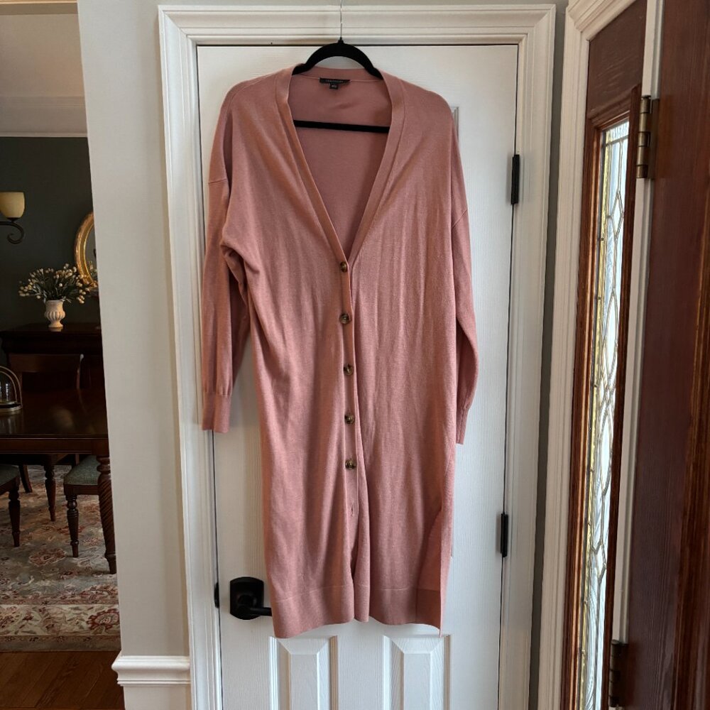 Ann Taylor Long Cardigan, Dusty Rose, V-Neck, Drop Shoulder, Sz M